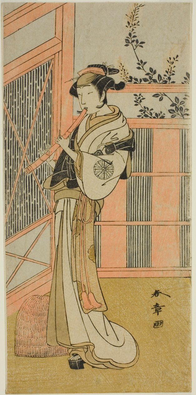 Skuespilleren Nakamura Noshio I som Misao forkledd som en Komuso i stykket Kosode-gura no Tekubari, fremført på Morita-teatret i den andre måneden, 1772 (?) av Katsukawa Shunsho