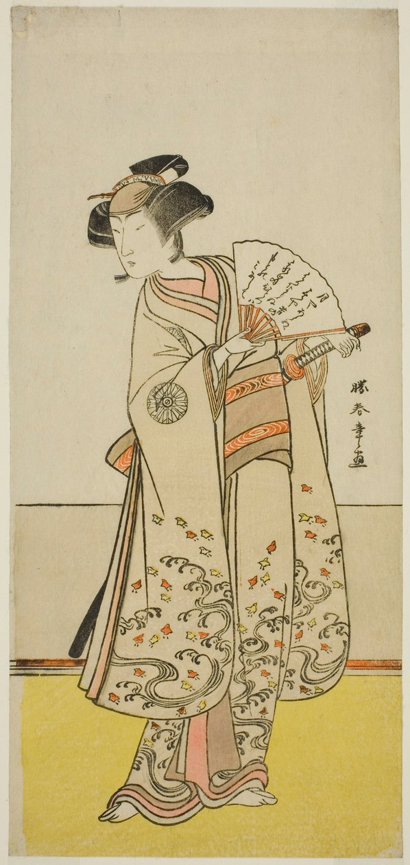Skuespilleren Nakamura Noshio I som Oiso no Tora (?) i stykket Shida Yuzuriha Horai Soga (?), fremført på Morita Theatre (?) i den første måneden, 1775 (?) av Katsukawa Shunsho