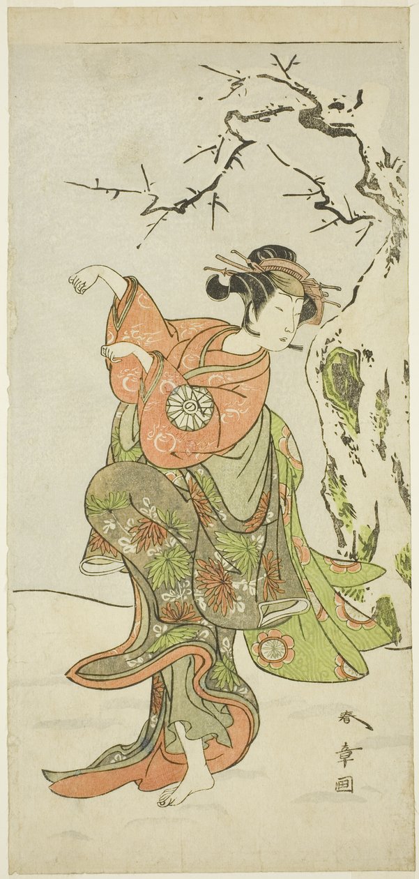 Skuespilleren Nakamura Noshio I som revekonen fra Furui, i en dansesekvens (Shosagoto) i del to av stykket Izu-goyomi Shibai no Ganjitsu (Izu-kalenderens første fremførelsesdag), fremført på Morita-teatret fra den første Dag av den ellevte man av Katsukawa Shunsho