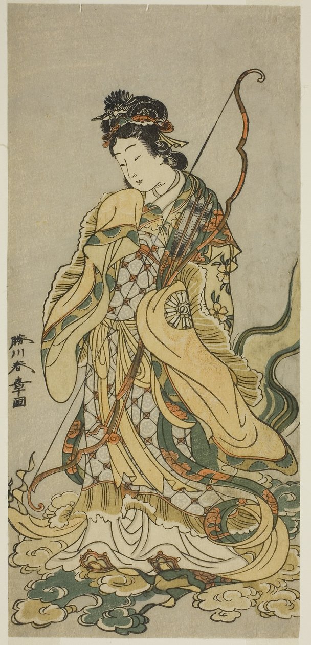 Skuespilleren Nakamura Noshio I som gudene Benzaiten av Enoshima i skuespillet Onno Aruji Hatsuyuki no Sekai, fremført på Morita-teatret i den ellevte måneden, ca. 1773 (farget treblokktrykk; hosoban) av Katsukawa Shunsho