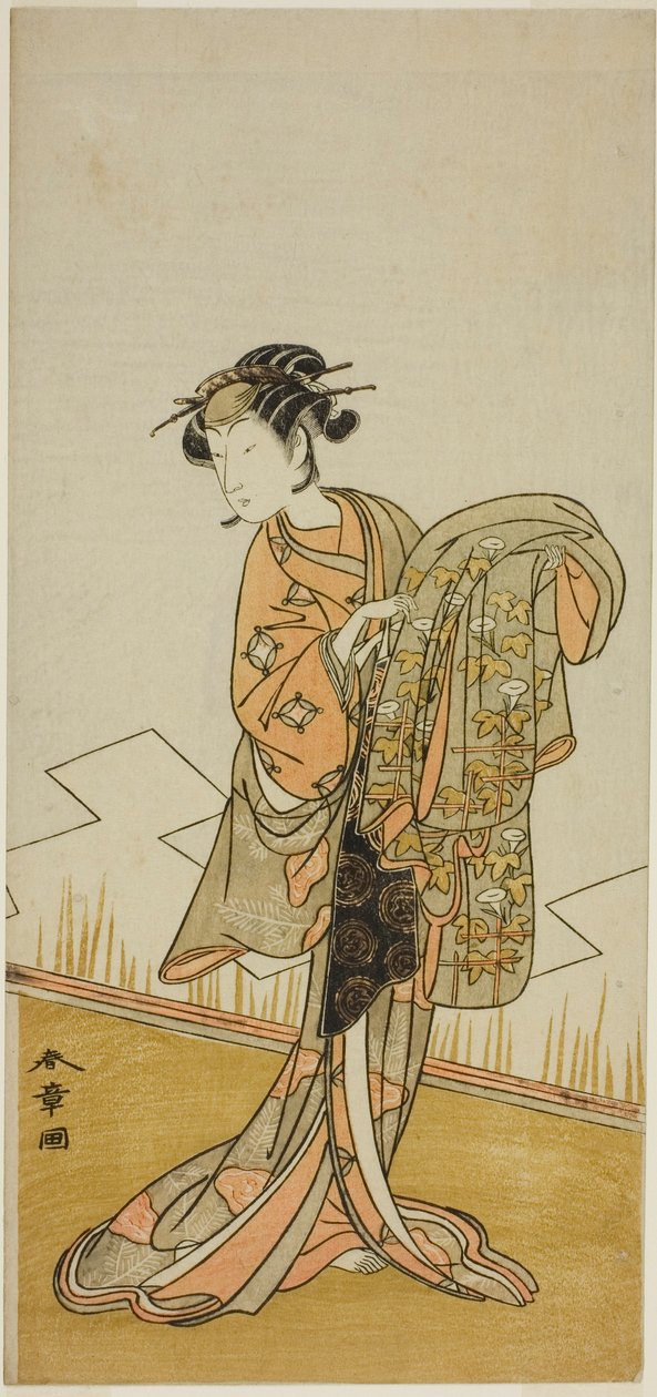 Skuespilleren Nakamura Riko I som kurtisanen Wakamatsu (?) i stykket Gohiiki Kanjincho (?), fremført på Nakamura Theatre (?) i den ellevte måneden, 1773 (?) av Katsukawa Shunsho