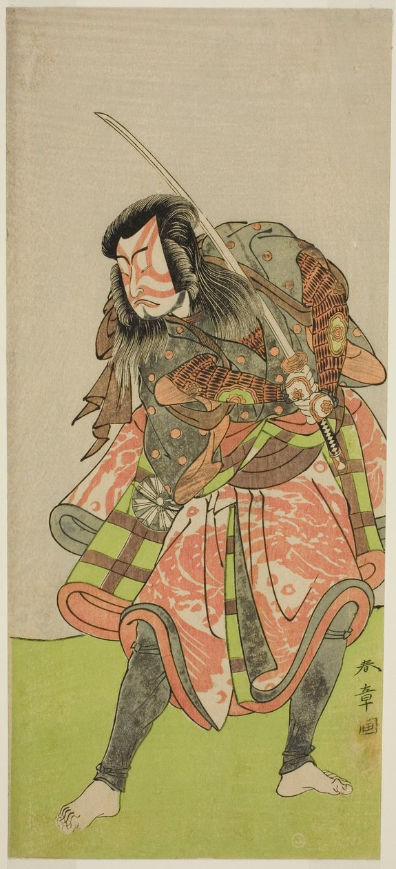 Skuespilleren Nakamura Tomijuro I som Akushichibye Kagekiyo i Play Kite Hajime Hatsugai Soga, fremført på Morita Theatre i den første måneden, 1774 av Katsukawa Shunsho