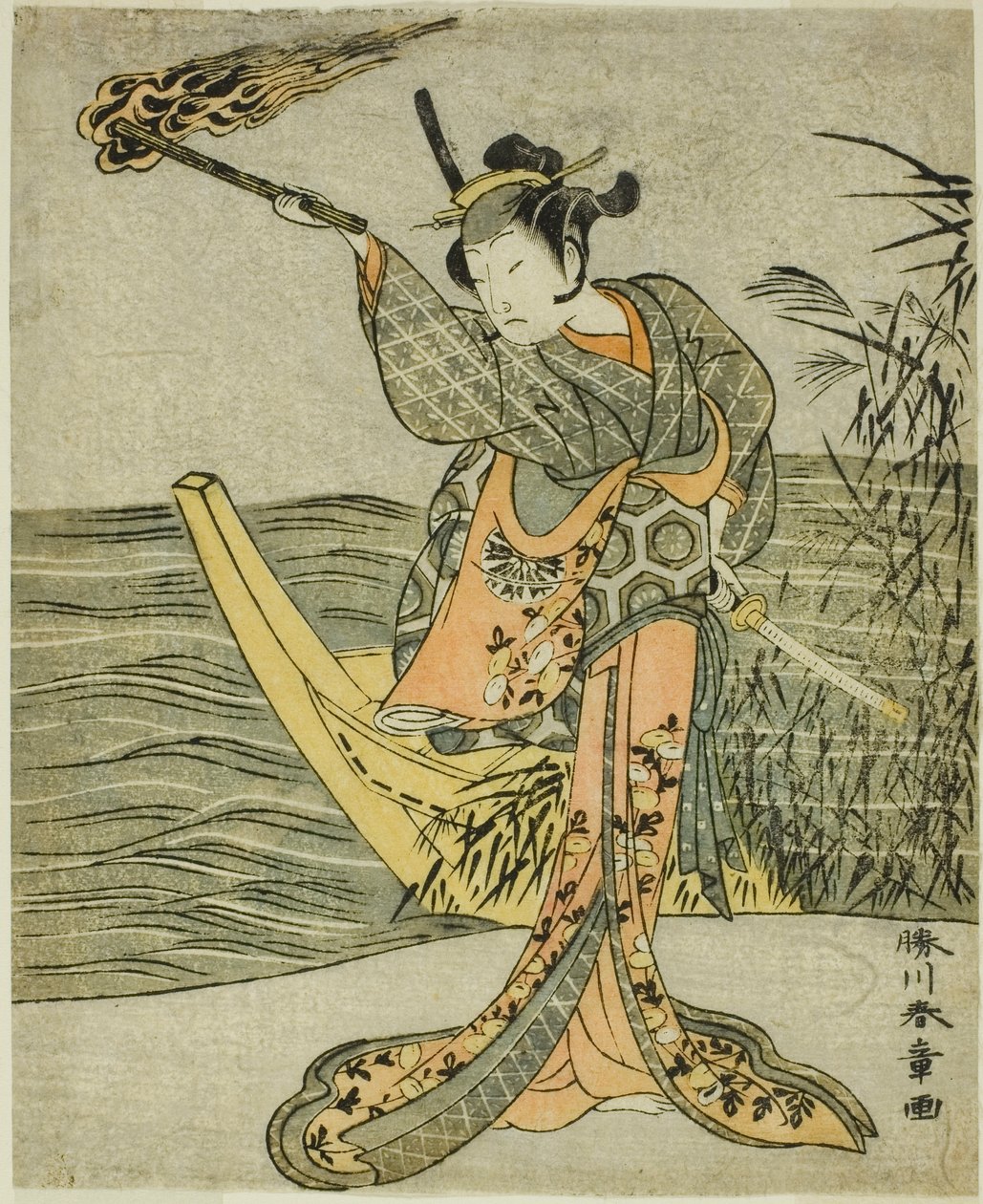 Skuespilleren Nakamura Tomijuro I som Nagoya Osan i stykket Fuki Kaete Tsuki mo Yoshiwara (Rethatched Roof: The Moon also Shines Over the Yoshiwara Pleasure District), fremført på Morita Theatre i den ellevte måneden, 1771 av Katsukawa Shunsho
