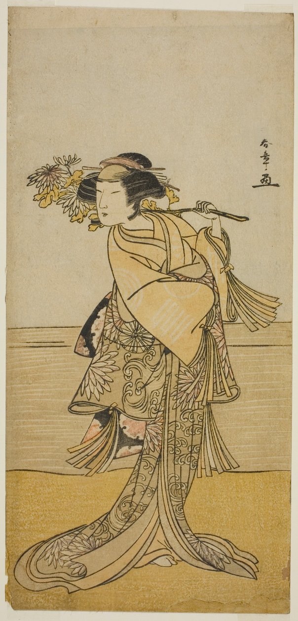 Skuespilleren Nakamura Tomijuro I som en kvinnelig rev fra Ubagadake-fjellet i stykket Chigo Torii Tobiiri Kitsune, fremført på Ichimura-teatret i den ellevte måneden, 1777 av Katsukawa Shunsho