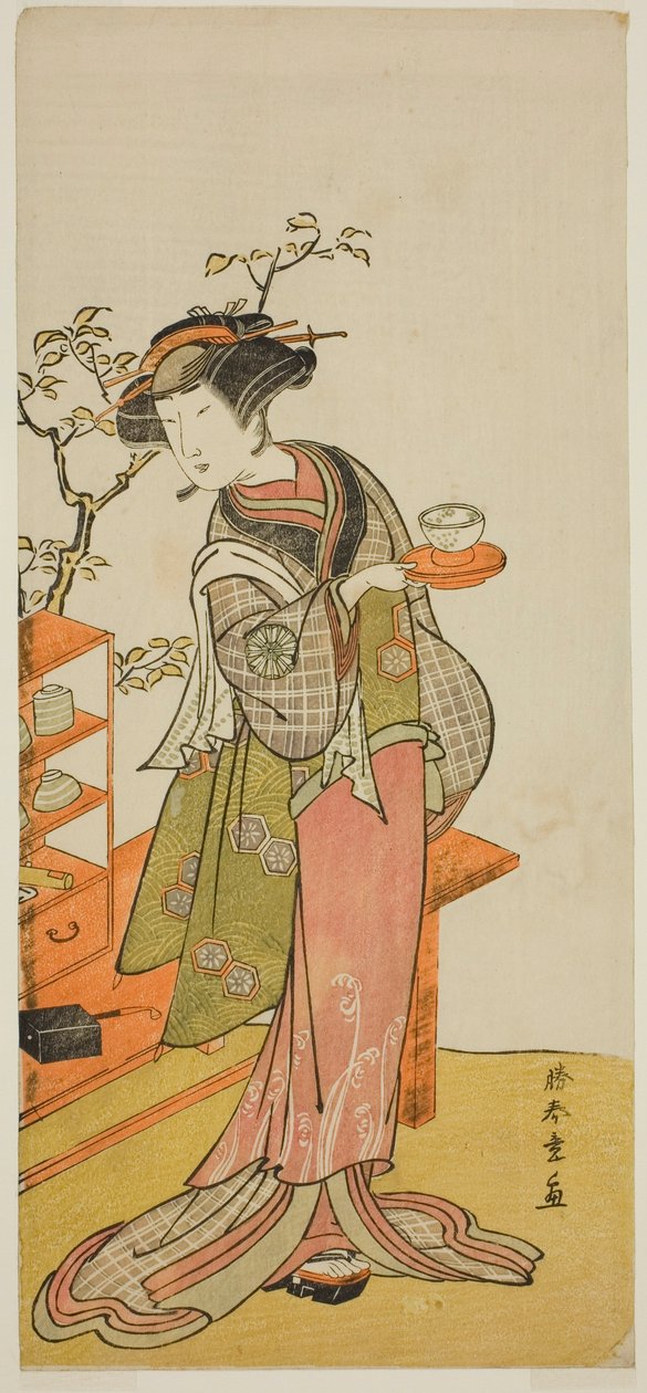 Skuespilleren Nakamura Tomijuro I som servitrisen Otake i stykket Chigo Suzuri Aoyagi Soga, fremført på Nakamura Theatre i den første måneden, 1777 av Katsukawa Shunsho