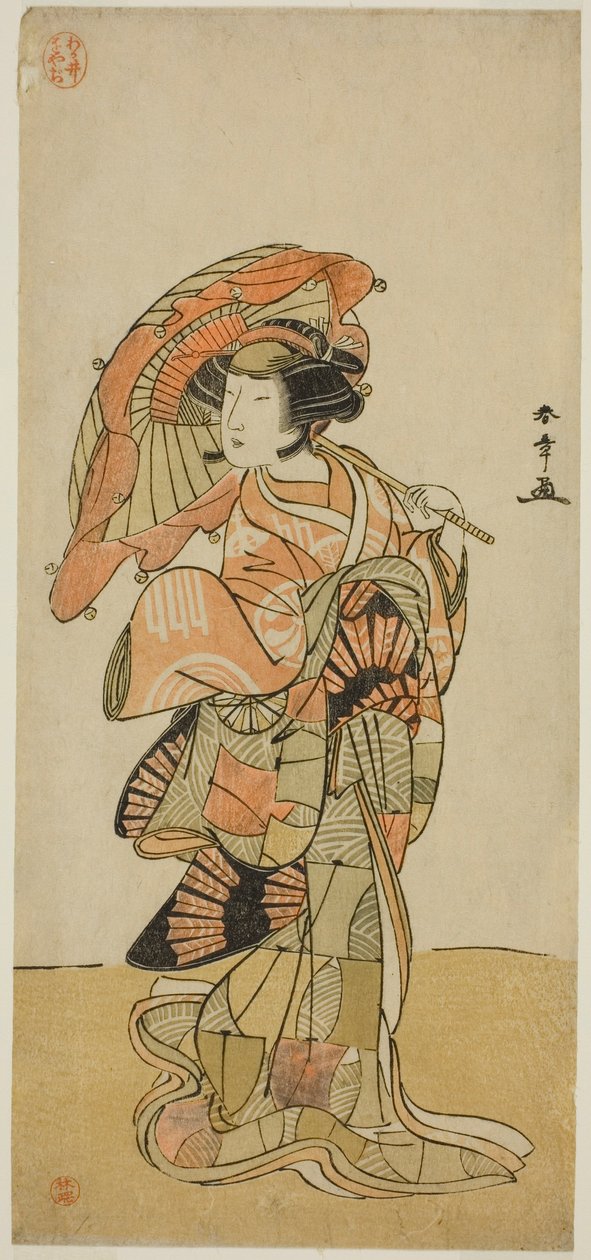 Skuespilleren Nakamura Tomijuro I som hunnreven fra Ubagadake-fjellet i stykket "Chigo Torii Tobiiri Kitsune," fremførte på Ichimura Theatre i den ellevte måneden, 1777 av Katsukawa Shunsho
