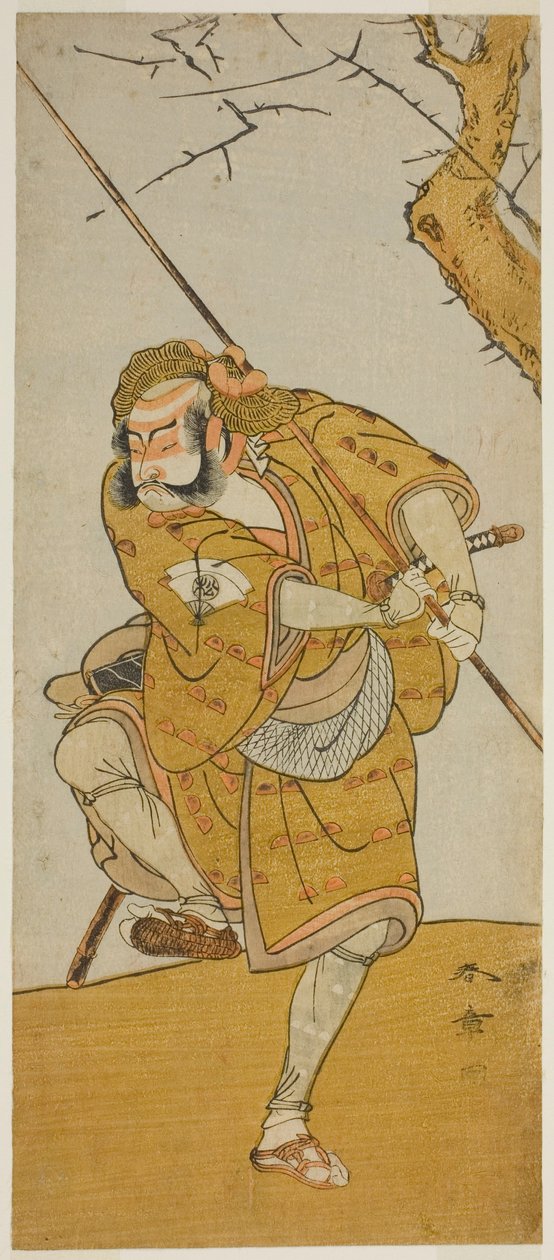 Skuespilleren Onoe Matsusuke I som Kobayashi no Asahina forkledd som en fuglefanger i stykket Edo no Haru Meisho Soga, fremført på Ichimura-teatret i den tredje måneden, 1773 av Katsukawa Shunsho