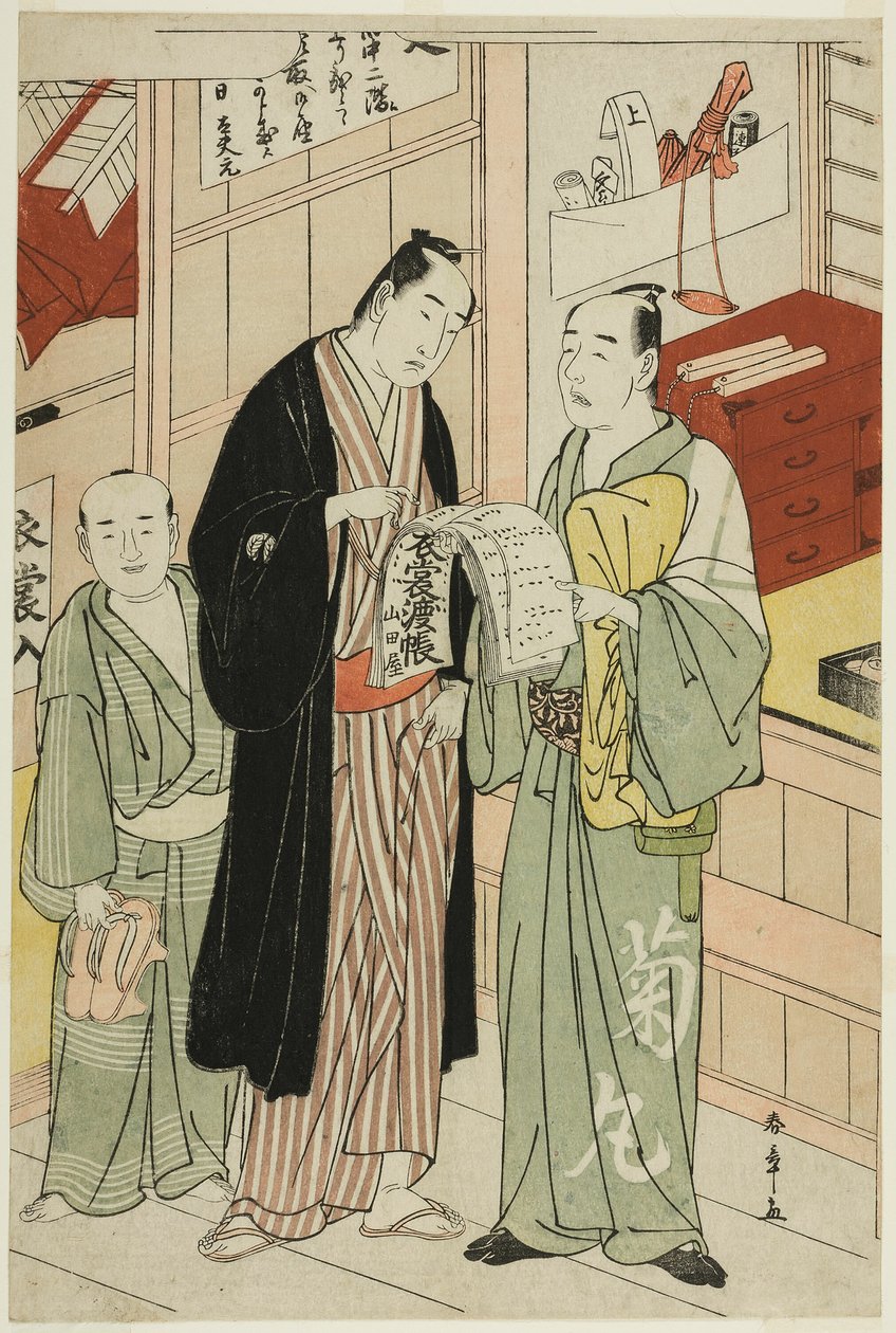 Skuespilleren Onoe Matsusuke I i garderoberommet på et teater av Katsukawa Shunsho