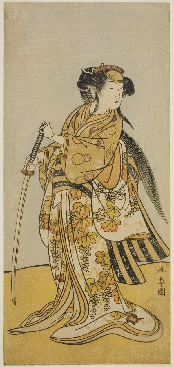 Skuespilleren Onoe Tamizo I som Kureha (?) i stykket Shusse Taiheiki (?), fremført på Nakamura Theatre (?) i den åttende måneden, 1775 (?) av Katsukawa Shunsho