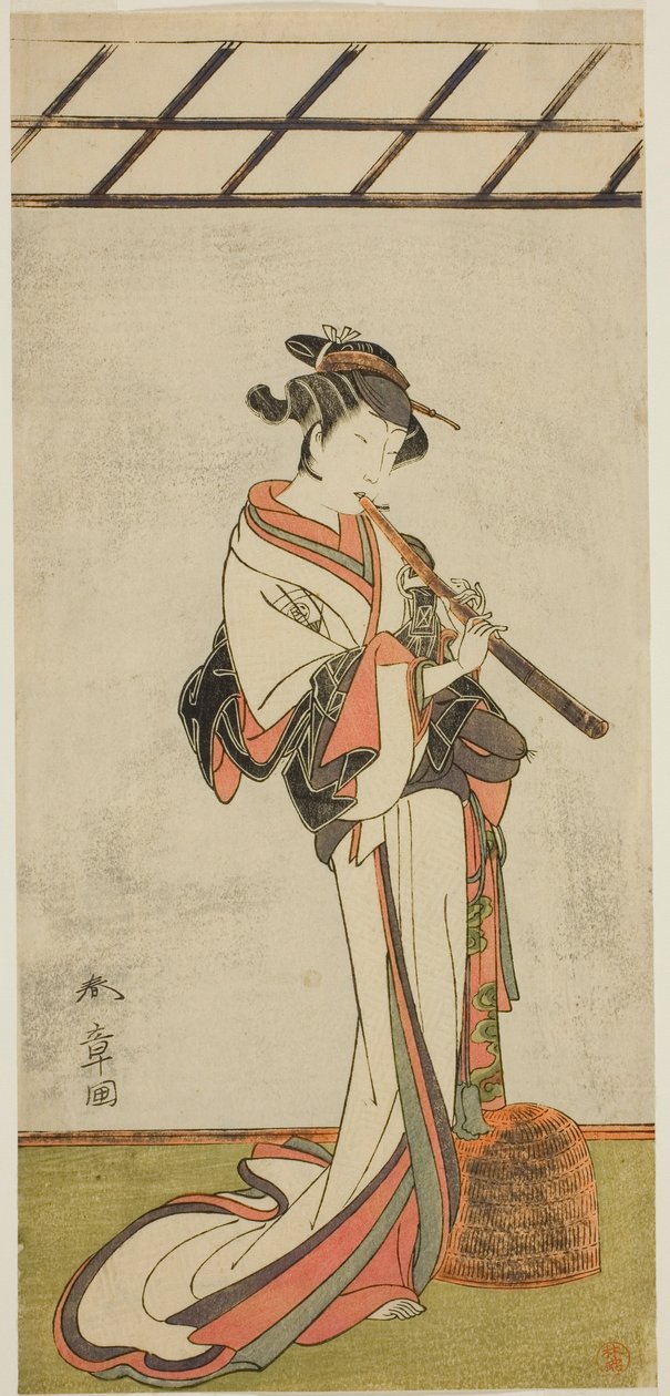 Skuespilleren Onoe Tamizo I som Oiso no Tora eller Kewaizaka no Shosho, forkledd som en kvinnelig Komusu (?), i Play Yui Kanoko Date-zome Soga (?), fremført på Ichimura Theatre (?) i den første måneden, 1774 (?) av Katsukawa Shunsho