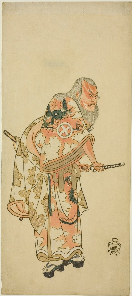 Skuespiller Otani Hiroemon III som Hige no Ikyu i scenen "Sukeroku" i stykket "Hitokidori Harutsuge Soga" av Katsukawa Shunsho
