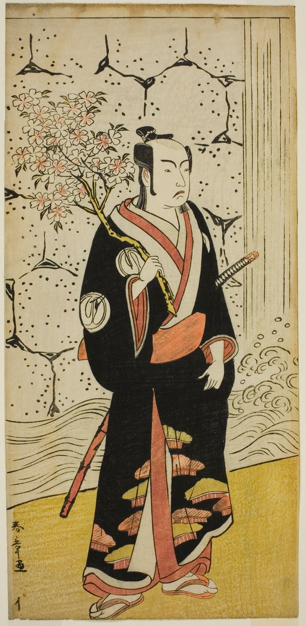 Skuespilleren Sawamura Sojuro III som Sonobe Zaemon i stykket "Shin Usuyuki Monogatari," fremført på Ichimura Theatre i den åttende måneden, 1779 av Katsukawa Shunsho