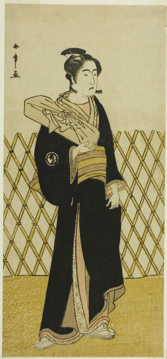 Skuespilleren Sawamura Sojuro III som frisøren Jirokichi i stykket Shida Choja-bashira, fremført på Nakamura Theatre i den åttende måneden, 1781 av Katsukawa Shunsho