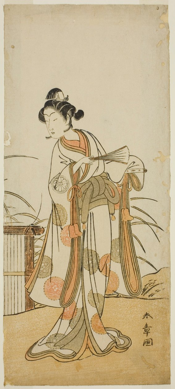 Skuespilleren Segawa Kikunojo III som Aigo no Waka i stykket Chigo Sakura Jusan Kane, fremført på Ichimura Theatre i den ellevte måneden, 1774 av Katsukawa Shunsho