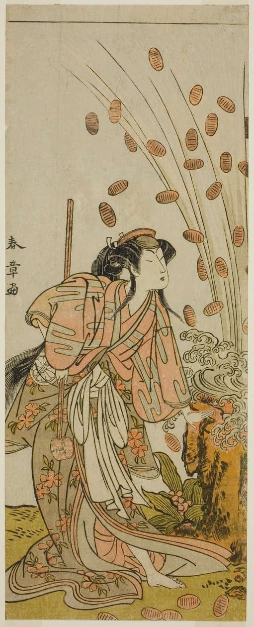 The Actor Segawa Kikunojo III as Hito-maru Disguised as the Courtesan Chiyozaki, in the Play Kuruwa no Hana Katsuragi no Kane, Performed at the Ichimura Theater in the third Month, 1775   1277853   no       norwegian Successfully Translated  Original: Joac av Katsukawa Shunsho