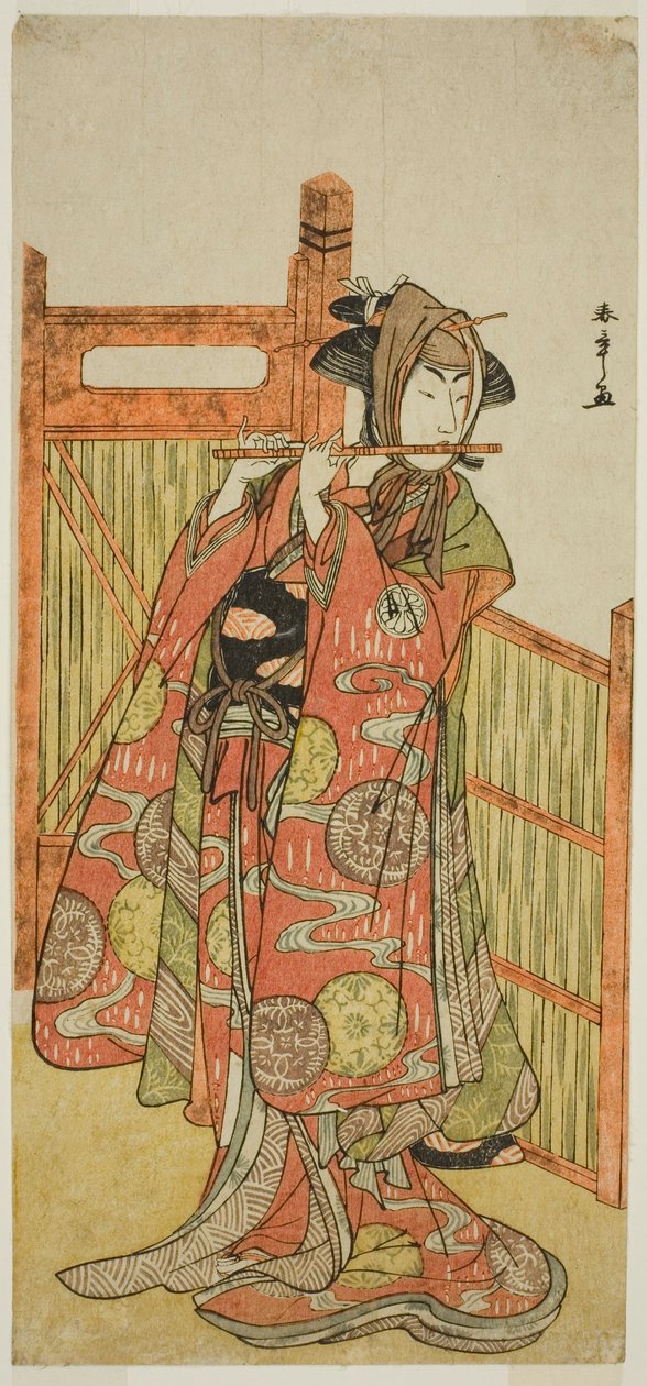 Skuespilleren Segawa Kikunojo III som Kojoro-gitsune forkledd som blomsterhandleren Okiku i stykket Mure Takamatsu Yuki no Shirahata, fremført på Ichimura Theatre i den ellevte måneden, 1780 av Katsukawa Shunsho