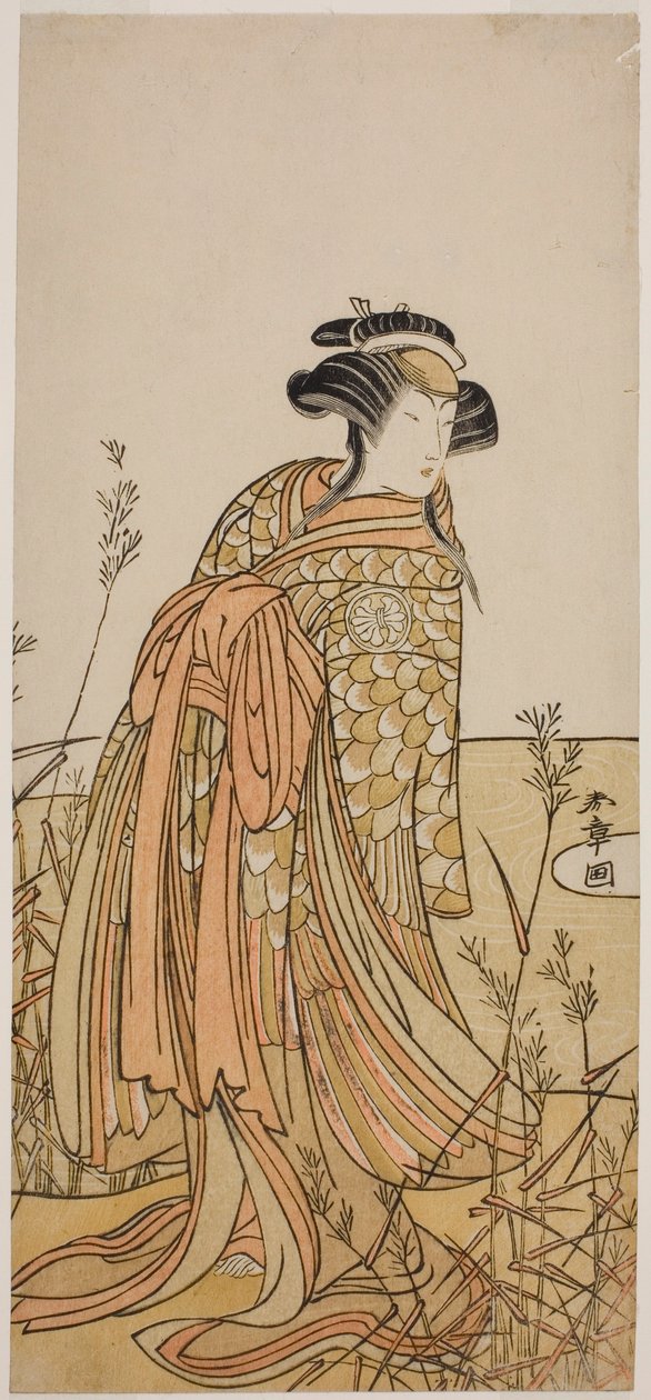 Skuespilleren Segawa Kikunojo III som Spirit of a Mandarin Duck (Oshidori) forkledd som Tagasode, i stykket Hana-zumo Genji Hiiki, fremført på Nakamura Theatre i den ellevte måneden, 1775 av Katsukawa Shunsho