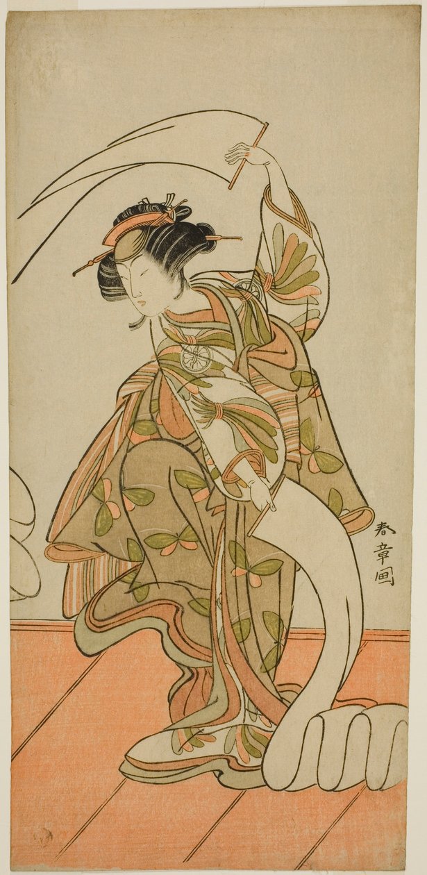Skuespilleren Segawa Kikunojo III som kurtisan Kisegawa i en "Nuno Sarashi"-dans, i stykket Hana-zumo Genji Hiiki, fremført på Nakamura Theatre i den ellevte måneden, 1775 av Katsukawa Shunsho