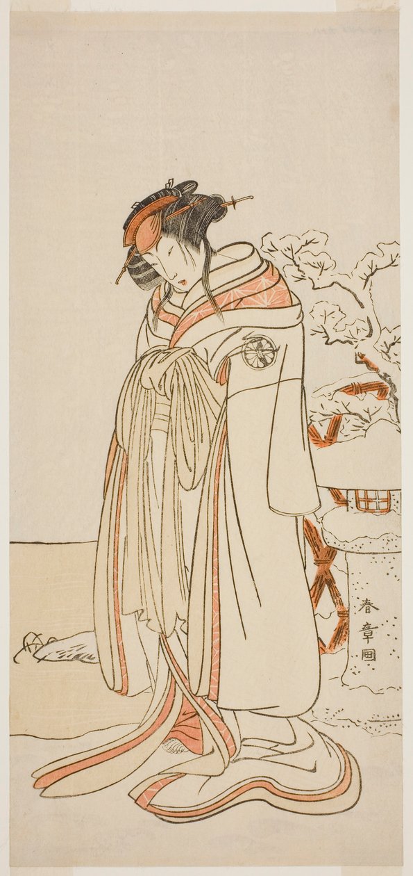 Skuespilleren Segawa Kikunojo III som kurtisanen Kisewata (Tagasode) (?) i stykket Hana-zumo Genji Hiiki (?), fremført på Nakamura Theatre (?) i den ellevte måneden, 1775 (?) av Katsukawa Shunsho