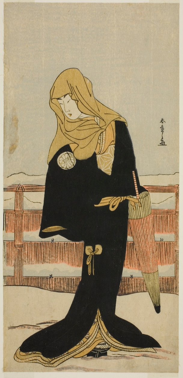Skuespilleren Segawa Kikunojo III som den ventende Suho forkledd som Tsunokuniya Tsuna, i stykket Shitenno Tonoi no Kisewata, fremført på Nakamura Theatre i den ellevte måneden, 1781 av Katsukawa Shunsho