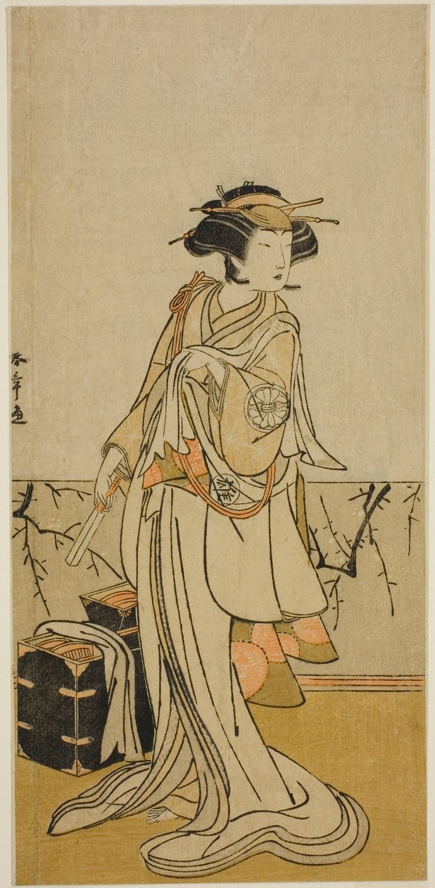Skuespilleren Segawa Yujiro I som Osai, en kvinnelig frisør, i stykket Kamuri Kotoba Soga no Yukari, fremført på Ichimura Theatre i den første måneden, 1776 av Katsukawa Shunsho