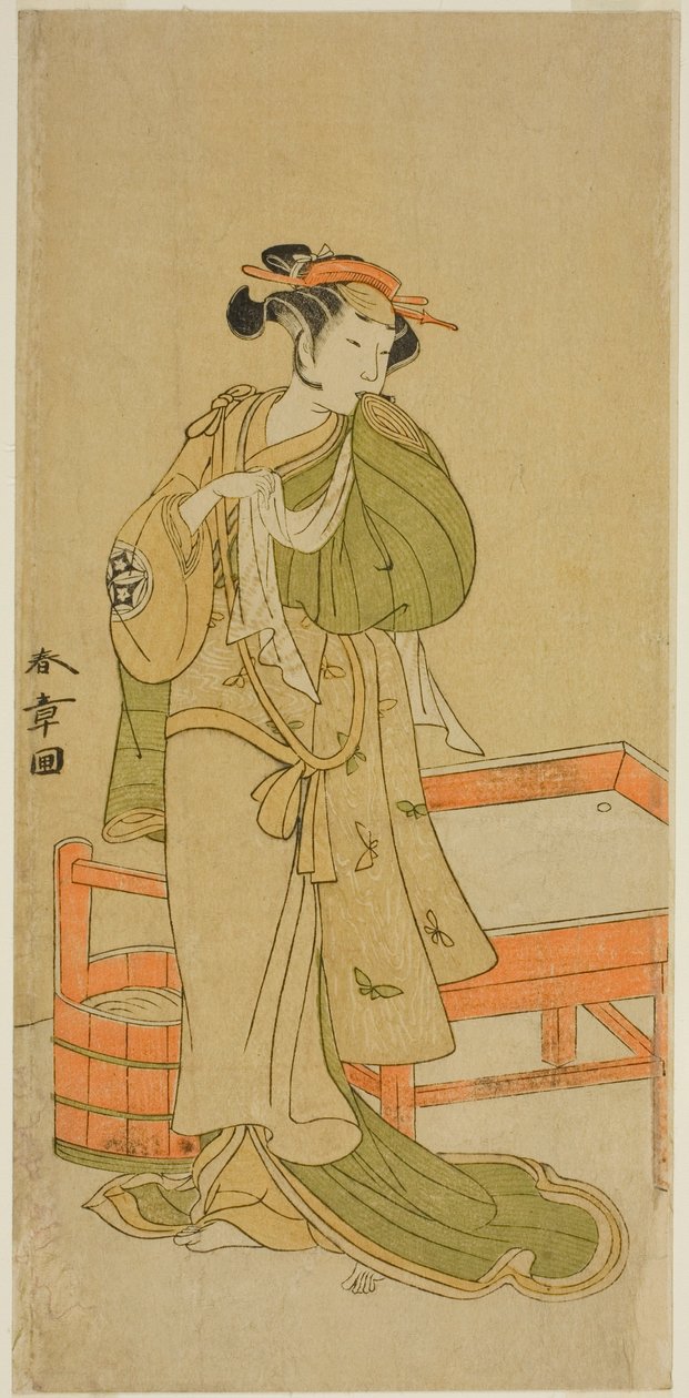 Skuespilleren Yamashita Kinsaku II som Moshio i stykket Izu-goyomi Shibai no Ganjitsu, fremført på Morita Theatre i den ellevte måneden, 1772 av Katsukawa Shunsho