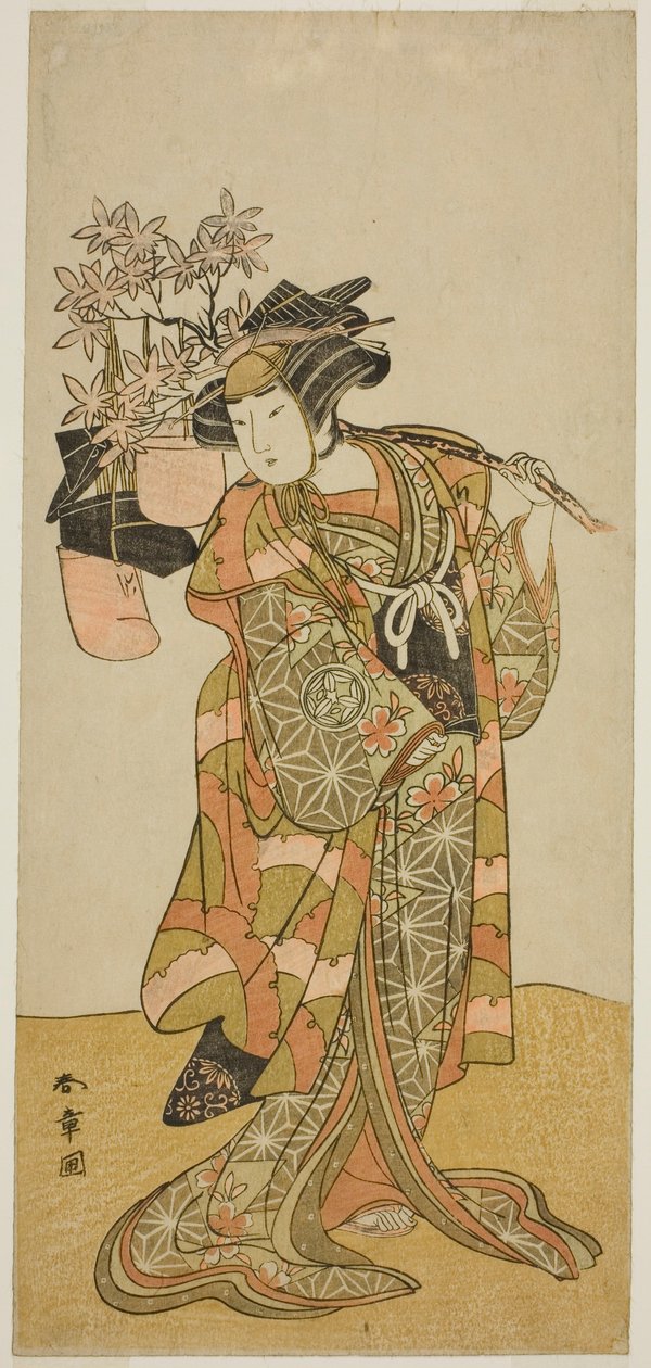 Skuespilleren Yamashita Kinsaku II som Odai, en Eboshi (hat)-selger, i stykket Hana-zumo Genji Hiiki, fremført på Nakamura Theatre i den ellevte måneden, 1775 av Katsukawa Shunsho