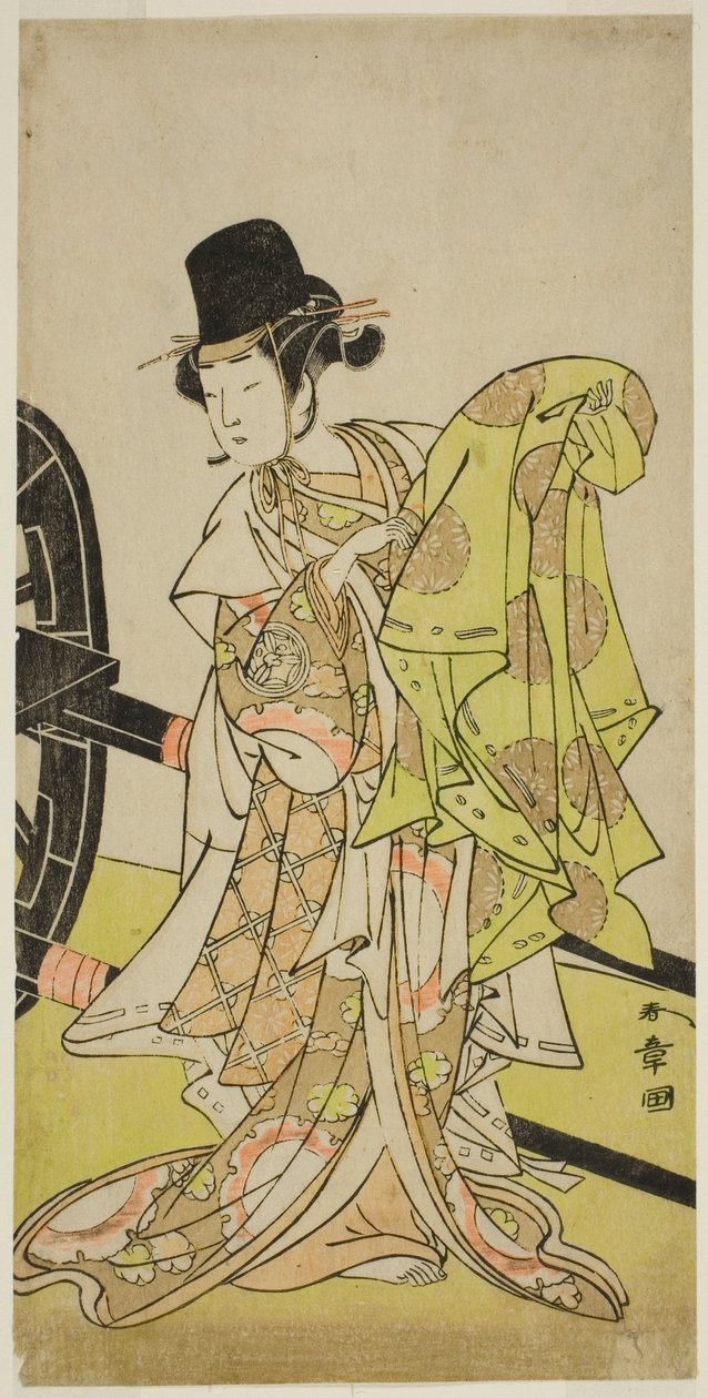 Skuespilleren Yamashita Kinsaku II som Tsukimasu, opptrer som Sakura-maru, i stykket Miya-bashira Iwao no Butai, fremført på Morita Theatre i den syvende måneden, 1773 av Katsukawa Shunsho