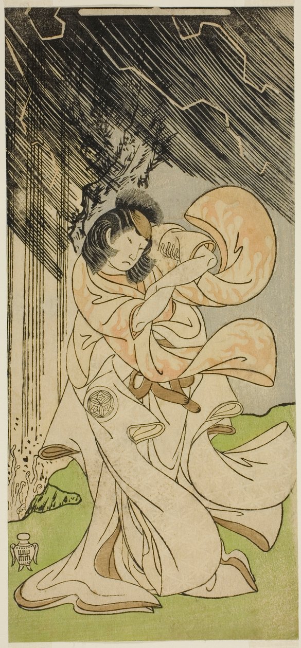 Skuespilleren Yamashita Kinsaku II som en tordengudinne i stykket Onna Narukami, fremført på Morita Theatre i den første måneden, 1770 av Katsukawa Shunsho