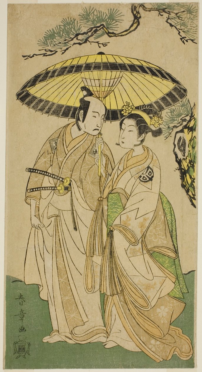 Skuespillerne Arashi Hinaji I (til høyre) og Ichikawa Komazo II (til venstre), som prinsesse Sakura (Sakura Hime) (?) og Shimizu Tonoinosuke (?), i stykket Soga Moyo Aigo no Wakamatsu (?), fremført på Nakamura Teater (?) i den tredje måneden, 1769 (?) av Katsukawa Shunsho