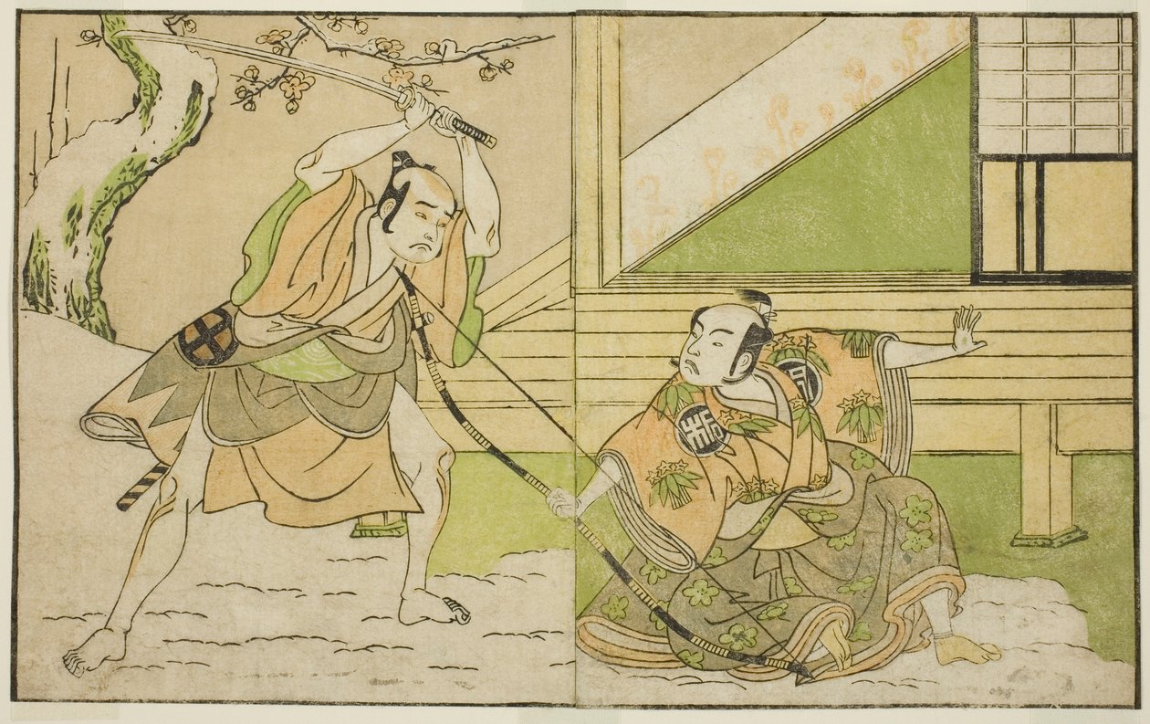 Skuespillerne Arashi Sangoro II som Hojo Tokiyori (til høyre), og Otani Hiroji III som Koga Saburo (til venstre), i stykket Kono Hana Yotsugi no Hachi no Ki, fremført på Ichimura Theatre i den ellevte måneden, 1771 av Katsukawa Shunsho