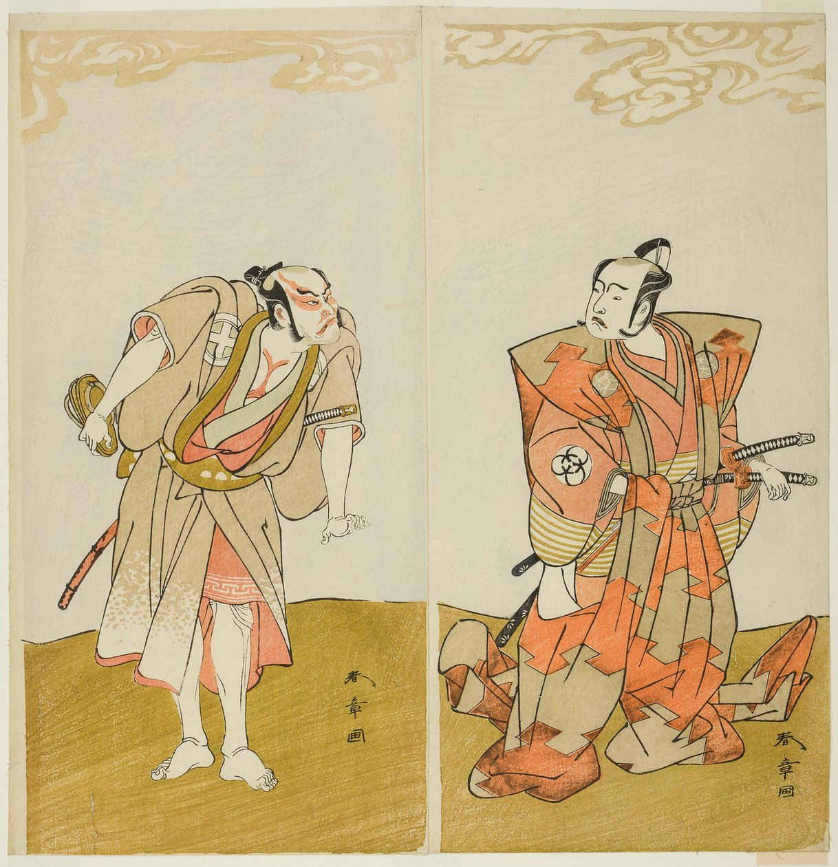 Skuespillerne Bando Mitsugoro I som Hata no Kawakatsu (til høyre), og Otani Hiroemon III som tjeneren (Yakko) Gansuke (til venstre), i stykket Miya-bashira Iwao no Butai (Shrine Pillars on a Stone Base), fremført på Morita Teater fra den femtende dag t av Katsukawa Shunsho