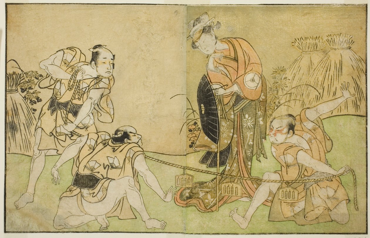 Skuespillerne Bando Zenji I som Nagahashi Saburo, Iwai Hanshiro IV som Otatsu-gitsune, Nakamura Konozo som Hagai Ujitsune, og en uidentifisert skuespiller (høyre til venstre), i Play Nue no Mori Ichiyo no Mato, fremført på Nakamura Theatre i ellevte måned, av Katsukawa Shunsho