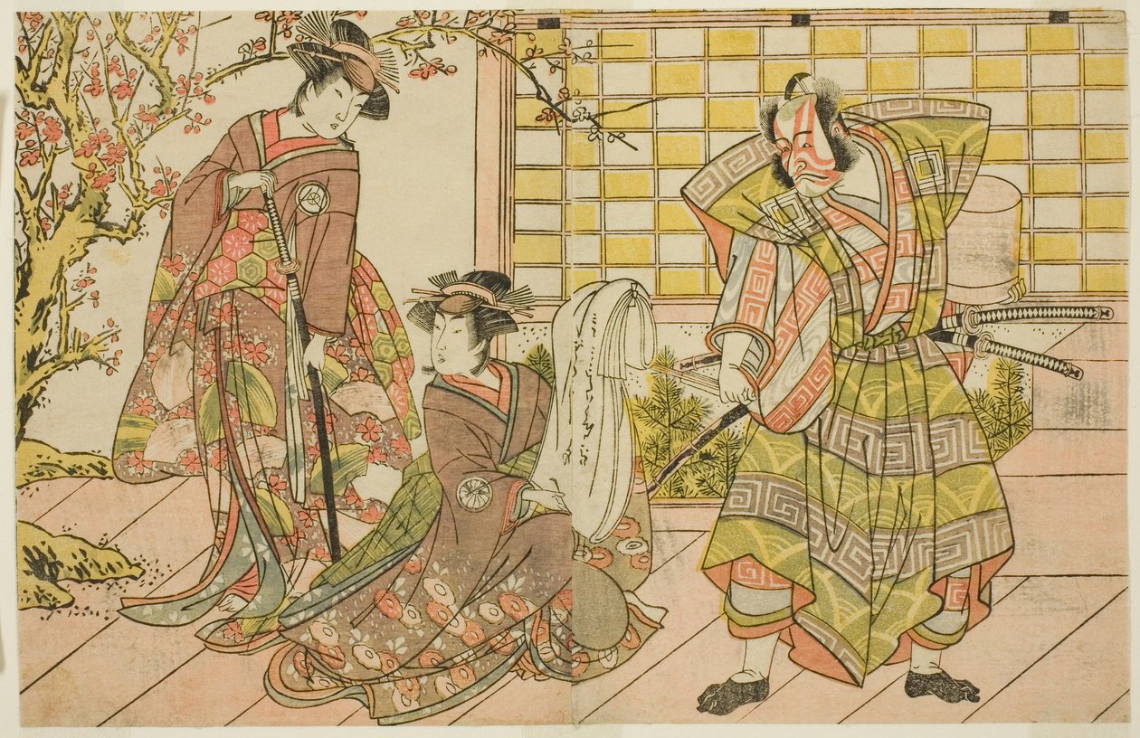 Skuespillerne Ichikawa Danjuro V som Miura Kunitae (til høyre), Segawa Kikunojo III som Yasukata (i midten), og Iwai Hanshiro IV som Utou (til venstre), i stykket Godai Genji Mitsugi no Furisode, fremført på Nakamura Theatre i den ellevte måneden, 1782 av Katsukawa Shunsho