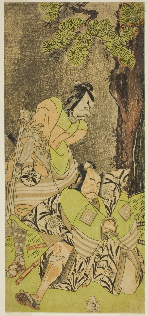 Skuespillerne Ichikawa Danzo III som I no Hayata Tadazumi (til høyre), og Matsumoto Koshiro II som Osada no Taro Kagemune (til venstre), i Play Nue no Mori Ichiyo no Mato, fremført på Nakamura Theatre i den ellevte måneden, 1770 av Katsukawa Shunsho