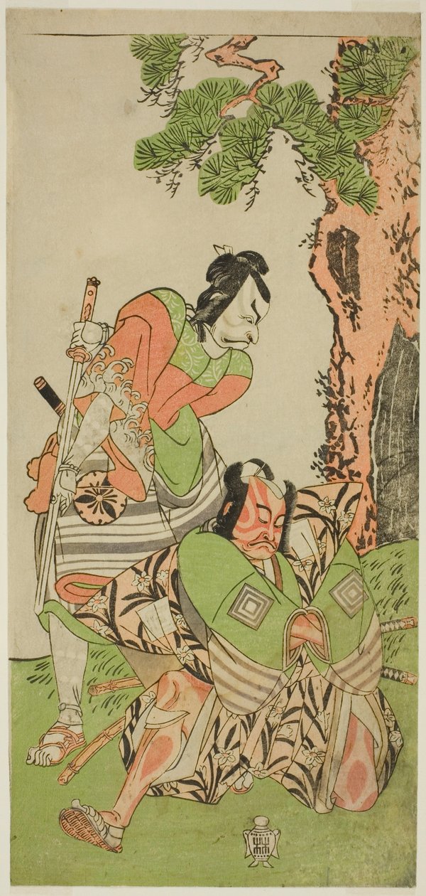 Skuespillerne Ichikawa Danzo III som I no Hayata Tadazumi (til høyre), og Matsumoto Koshiro II som Osada no Taro Kagemune forkledd som Yatsurugi Zaemon (til venstre), i Play Nue no Mori Ichiyo no Mato, fremført på Nakamura Theatre i den ellevte måneden , 1 av Katsukawa Shunsho