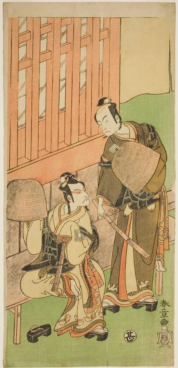 Skuespillerne Ichikawa Komazo II som Soga no Juro Sukenari (til høyre), og Ichikawa Danjuro V som Soga no Goro Tokimune (til venstre), i Komuso Attires, i stykket Sakaicho Soga Nendaiki, fremført på Nakamura Theatre i den første måneden, 1771 av Katsukawa Shunsho