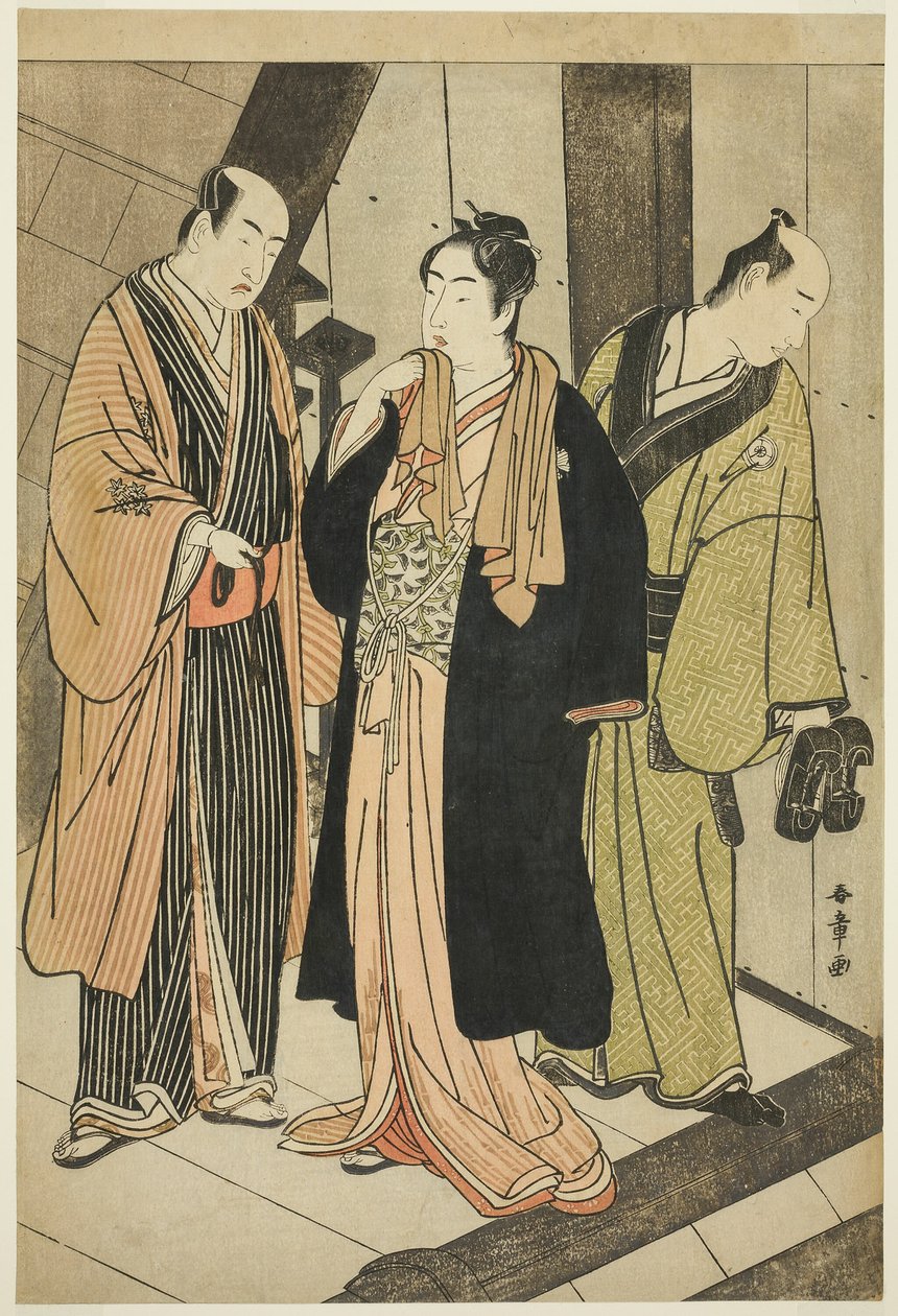 Skuespillerne Ichikawa Monnosuke II (til venstre), Iwai Hanshiro IV (i midten) og Iwai Karumo (?) (til høyre), på en landing backstage av Katsukawa Shunsho
