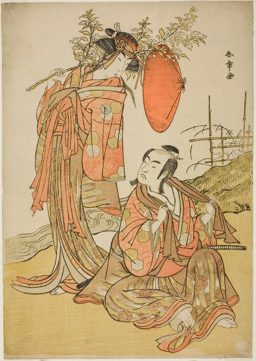 Skuespillerne Ichikawa Monnosuke II og Segawa Kikunojo III som elskerne Seijuro (til høyre) og Onatsu (til venstre), i Elopement-scenen "Michiyuki Hiyoku no Kiku-cho" (An Elopemet: Chrysanthemum-and-Butterfly Lovebirds), et dansemellomspill fra Del to av P av Katsukawa Shunsho