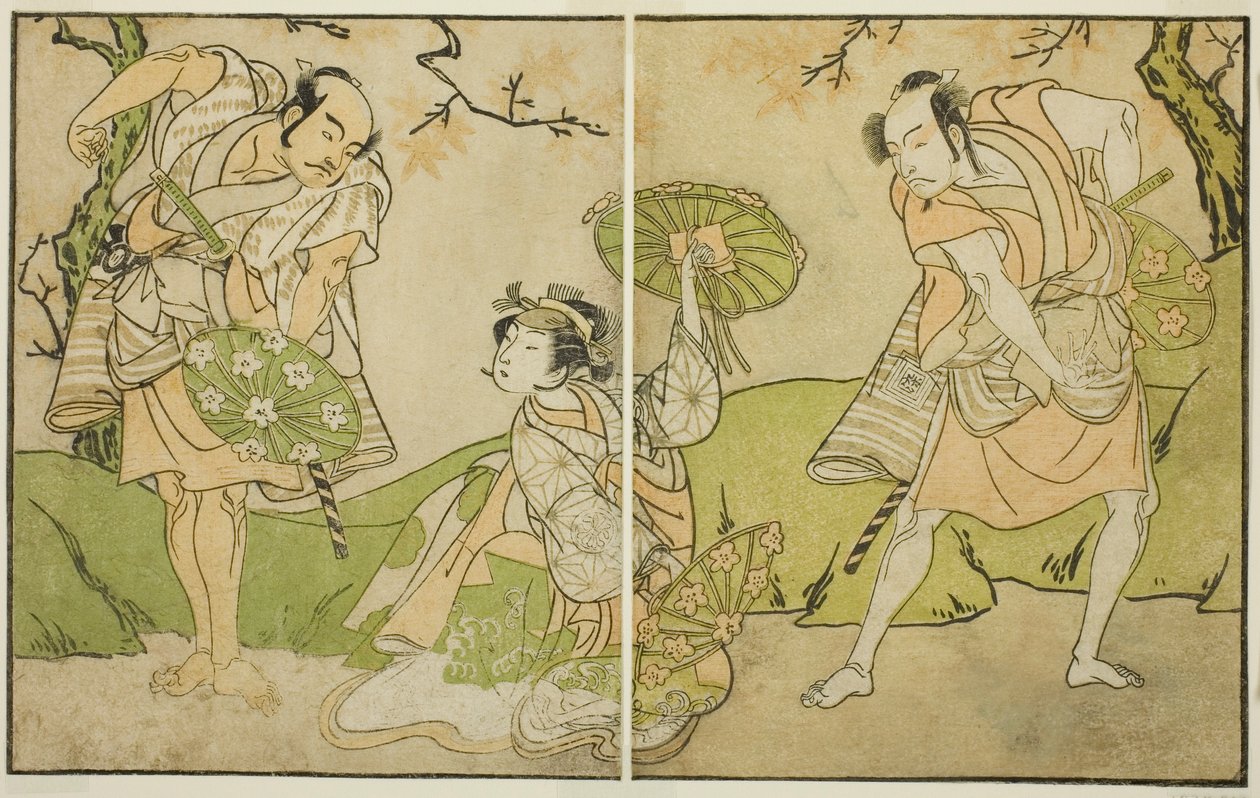 Skuespillerne Ichikawa Somegoro (til høyre), Segawa Kikunojo II (i midten) og Bando Sampachi (til venstre), i uidentifiserte roller i stykket Myoto-giku Izu no Kisewata, fremført på Ichimura Theatre i den ellevte måneden, 1770 av Katsukawa Shunsho