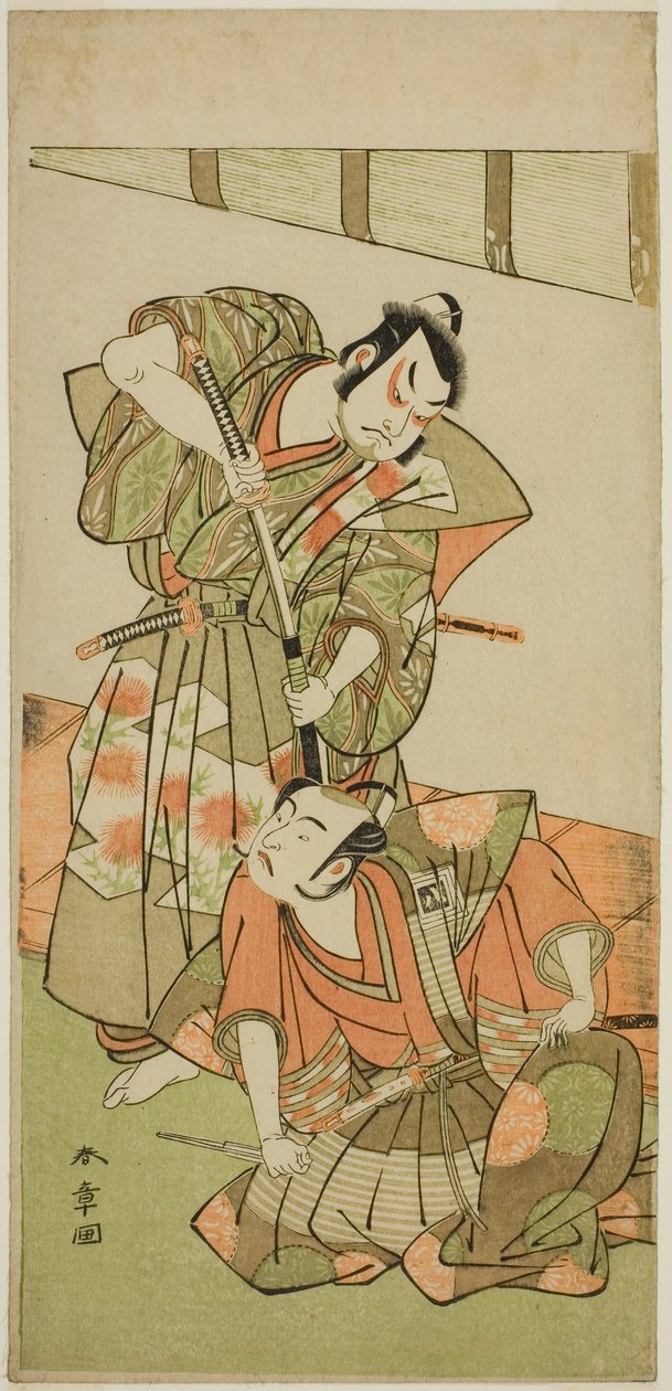 Skuespillerne Ichikawa Yaozo II som Konoshita Hyokichi (?) (til høyre), og Sakata Hangoro II som Matsunaga Daizen Hisahide (?) (til venstre), i stykket Gion Sairei Shinko Ki (?), fremført på Ichimura Theatre (?) i den femte måneden, 1775 (?) av Katsukawa Shunsho
