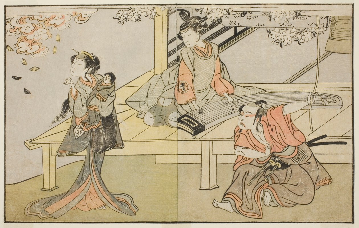 Skuespillerne Ichikawa Yaozo II som Yoshimine no Munesada (til høyre), Yoshizawa Sakinosuke III som Shizuya (i midten), og Nakamura Matsue I som Sakuragi (til venstre), i stykket Kuni no Hana Ono no Itsumoji, fremført på Nakamura Theatre i det ellevte Måne av Katsukawa Shunsho