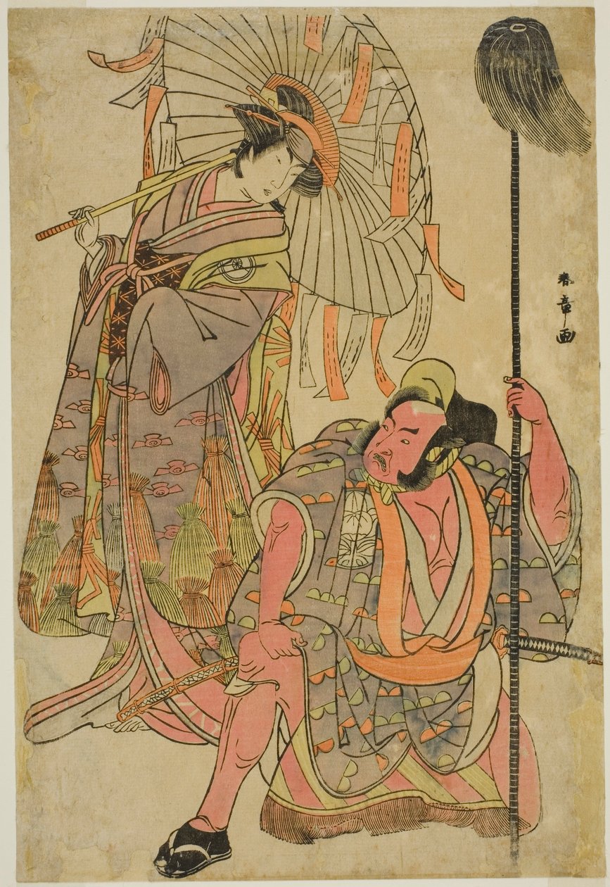 Skuespillerne Ichimura Uzaemon IX som Hata no Daizen Taketora forkledd som Yakko Matahei (til høyre), og Iwai Hanshiro IV som Umegae forkledd som Poem-Diviner Omatsu (til venstre), i stykket Mukashi Otoko Yuki no Hinagata, fremført på Ichimura Theatre i t av Katsukawa Shunsho