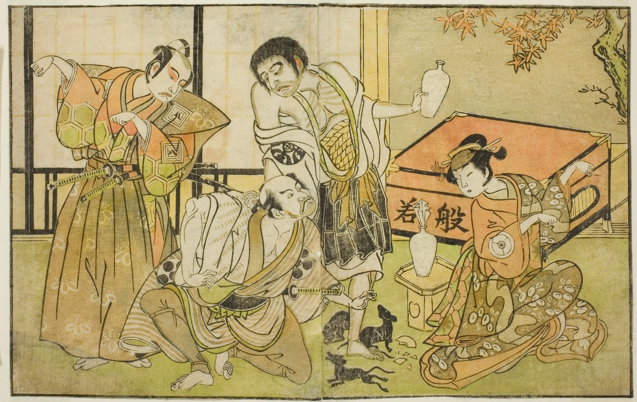 Skuespillerne Iwai Hanshiro IV som Otatsu-gitsune, Nakamura Nakazo I som Raigo Ajari, Sakata Tojuro III som Kamada Gon-no-kami Masayori, og Ichikawa Yaozo II som Sakon-gitsune (høyre til venstre), i stykket "Nue no Mori" Ichiyo no Mato," fremførte på Nakam av Katsukawa Shunsho