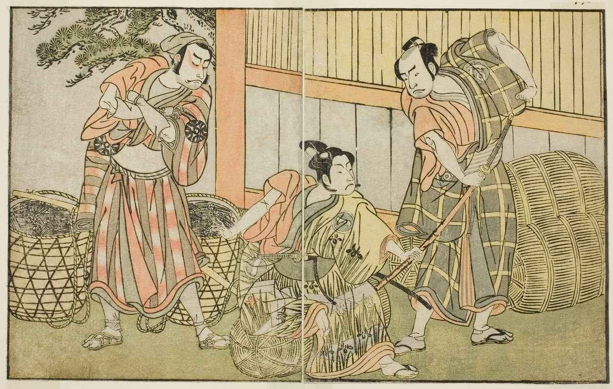 Skuespillerne Kasaya Matakuro II som Hagun Taro (til høyre), Ichikawa Monnosuke II som Izutsu no Suke Narihira (i midten), og Nakamura Nakazo I som Kose no Kanaoka forkledd som Sogoro the Charcoal Maker, i stykket Kuni no Hana Ono no Itsumoji, fremført på  av Katsukawa Shunsho