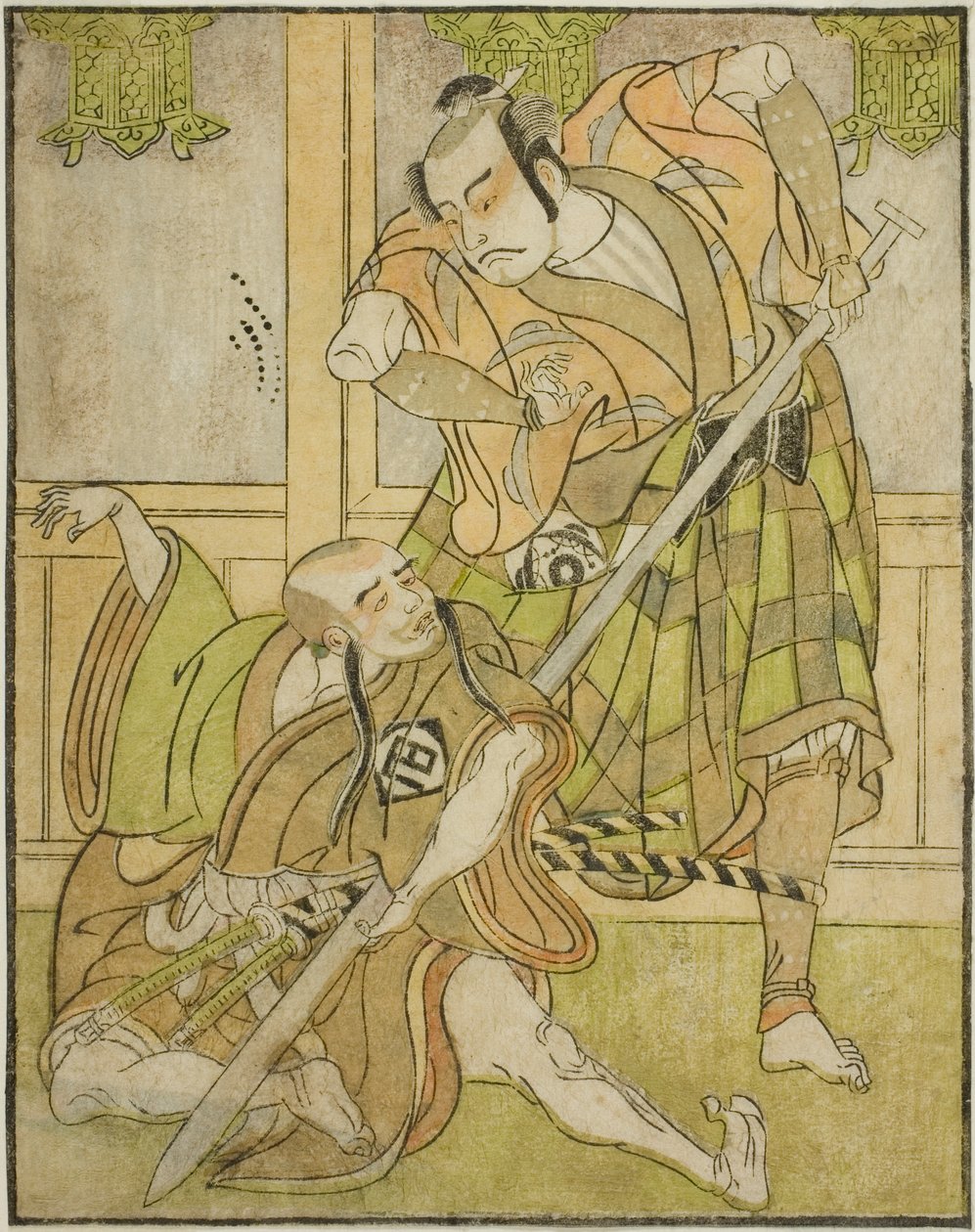 Kasaya Matakuro II som Nobuyori forkledd som Yakko Gunnai (til høyre), og Miyazaki Hachizo som lekmunken Hambyo Nyudo (til venstre), i stykket Nue no Mori Ichiyo no Mato, fremført på Nakamura Theatre i den ellevte måneden, av Katsukawa Shunsho
