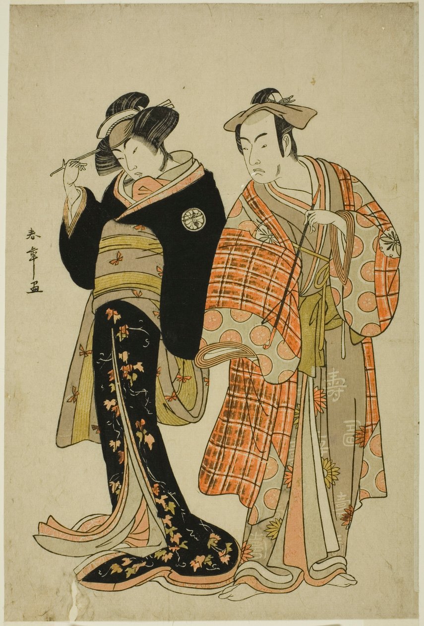 Skuespillerne Matsumoto Koshiro IV og Segawa Kikunojo III som Lovers Choemon (til høyre) og Ohan (til venstre), i Elopement-scenen "Michiyuki Segawa no Adanami" (An Elopement: Treacherous Waves in the Shallow River), et dansemellomspill fra del t av Katsukawa Shunsho