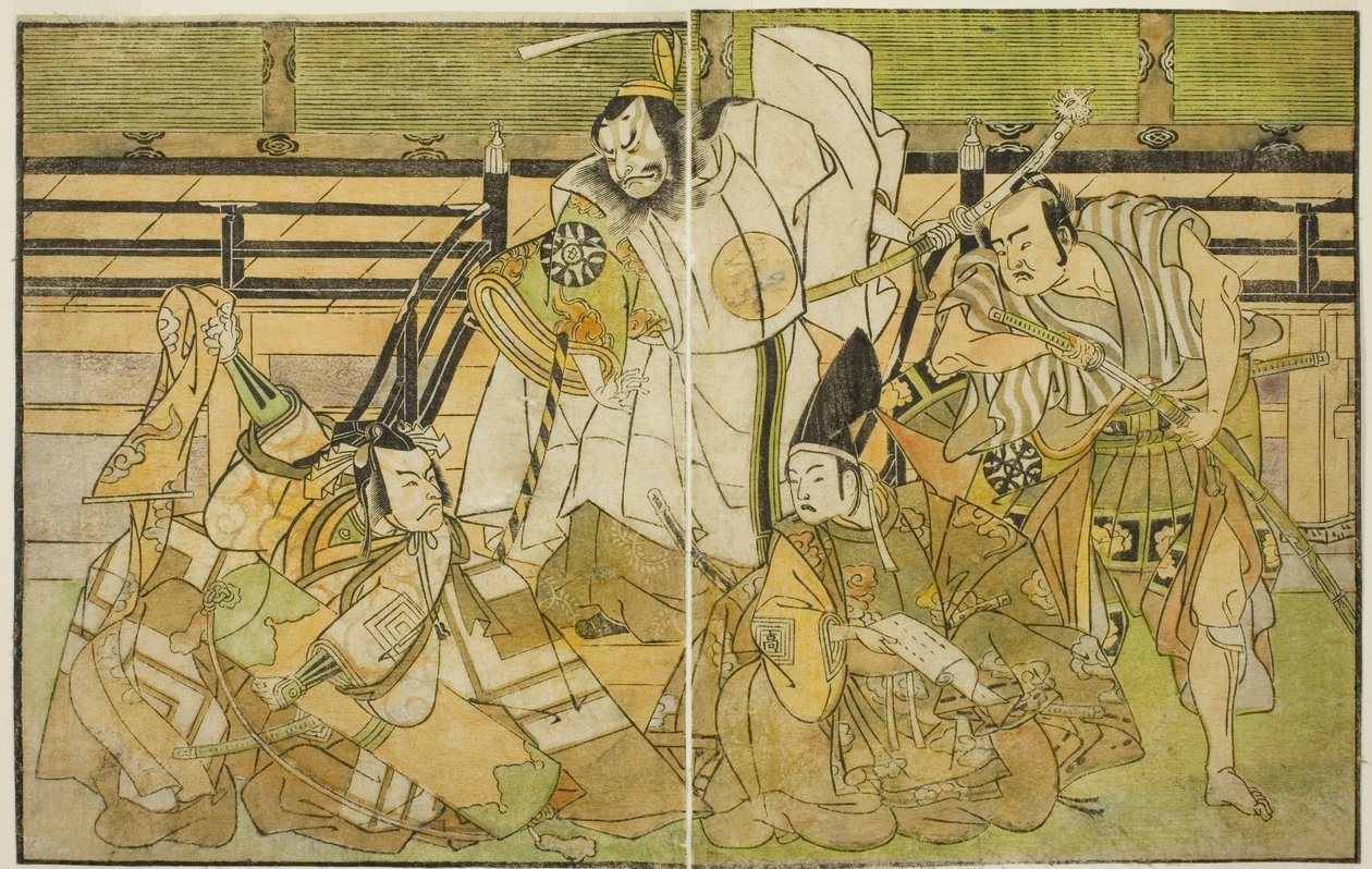 Skuespillerne Nakamura Denkuro II som Seno-o Taro, Ichikawa Komazo II som Yorimasa, Nakamura Nakazo I som Taira no Kiyomori, og Ichikawa Danjuro V som Kiou Takiguchi (høyre til venstre), i Play Nue no Mori Ichiyo no Mato, fremført kl. Nakamura Theatre i th av Katsukawa Shunsho