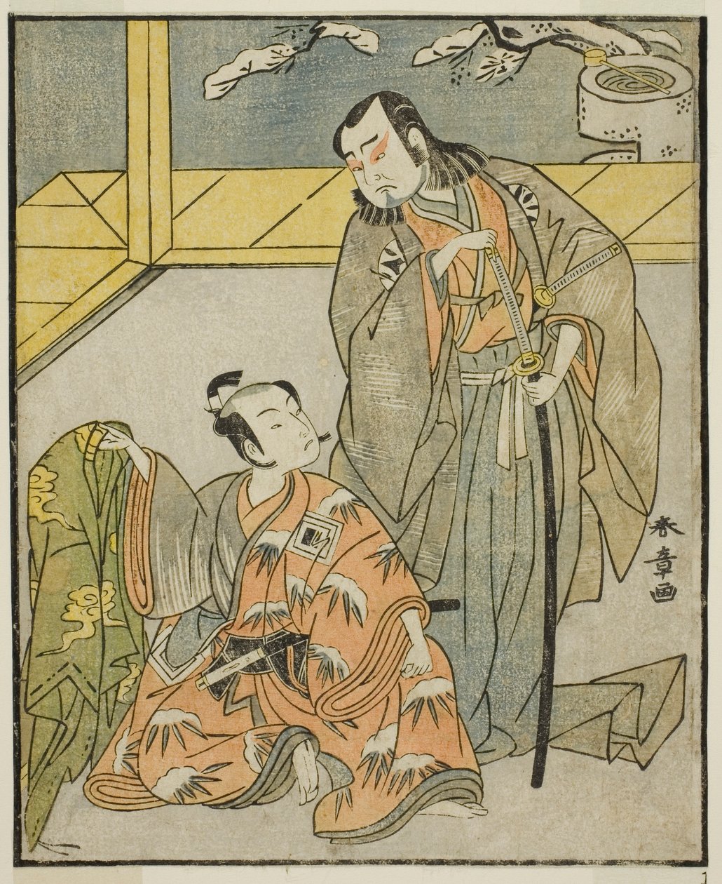 Skuespillerne Nakamura Denkuro II som Suma no Dairyo (til høyre), og Ichikawa Komazo II som Ariwara no Yukihira (til venstre), i Play Kuni no Hana Ono no Itsumoji, fremført på Nakamura Theatre i den ellevte måneden, 1771 av Katsukawa Shunsho