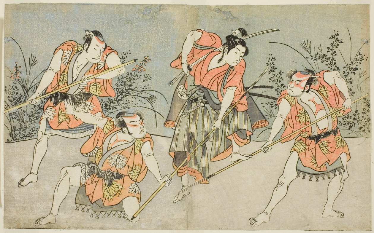 Skuespillerne Nakamura Kashiwagi som en Wakashu (andre fra høyre), og tre uidentifiserte skuespillere som Yakko av Katsukawa Shunsho